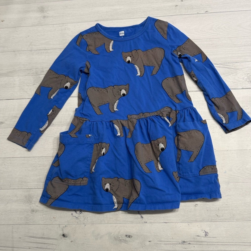 Tea collection girls blue bear‎ print cotton dress size 5